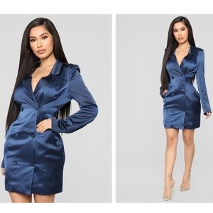 Blue Satin Blazer Dress Sz SMALL